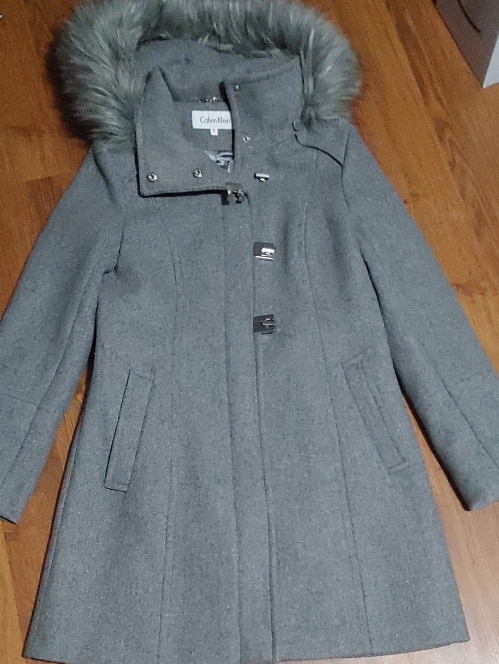 Calvin Klein Gray Hooded Wool-Blend Pea Coat with Faux Fur Trim Sz XS
